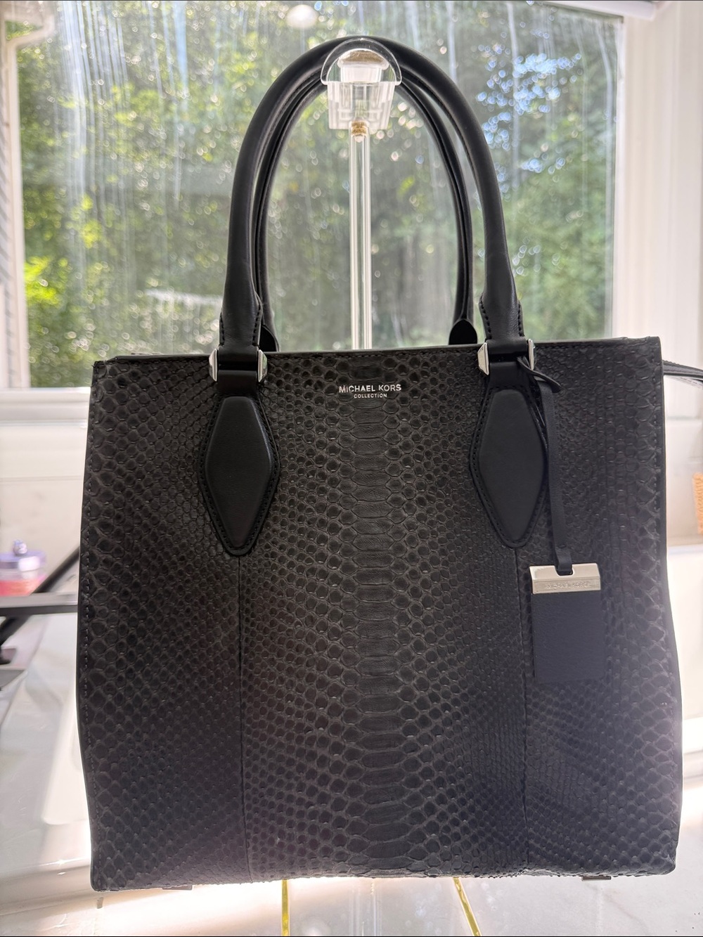 Michael Kors Collection Black Snake-Embossed Tote with ID Tag